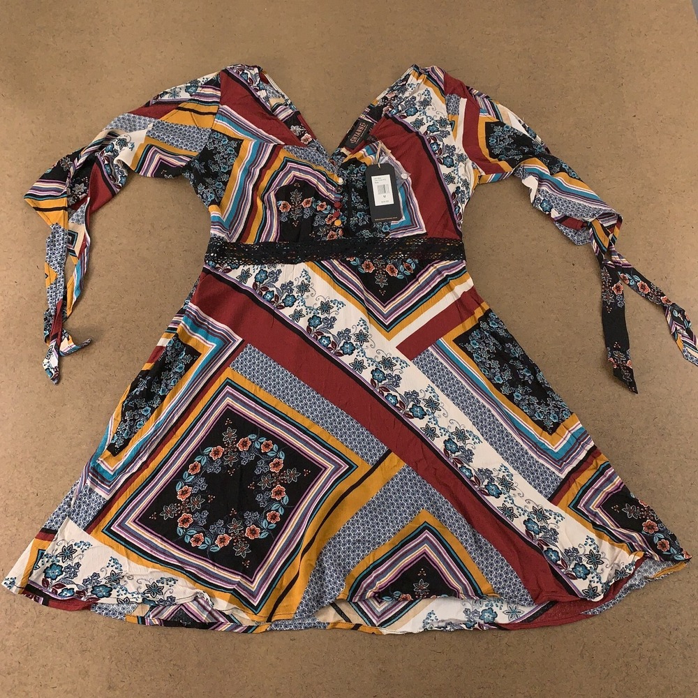 Shyanne Women's Size Medium Colorful Floral Patchwork Cold Shoulder Dress NWT